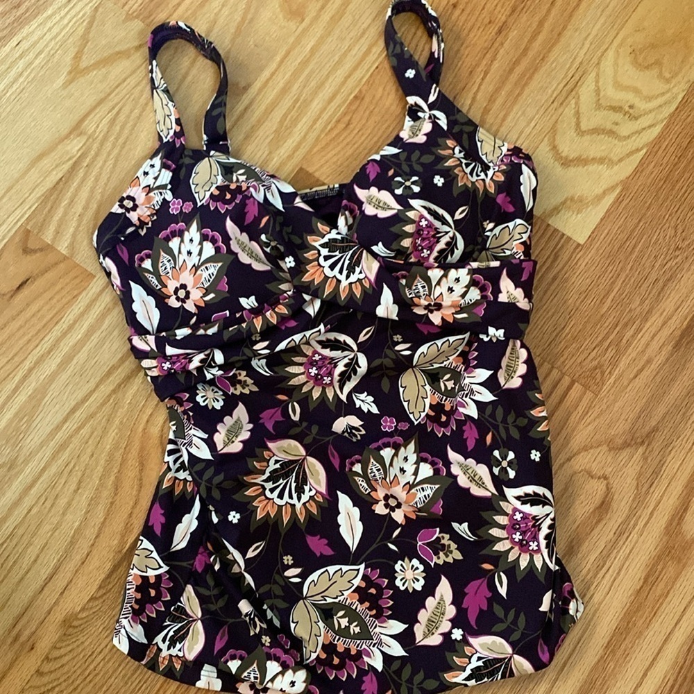 Lands End Tankini surplice wrap front Swim top Womens 10 DD black purple floral